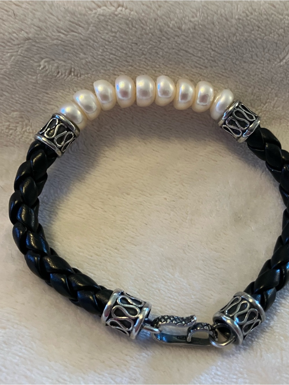 Honora White Pearl & Black Braided Leather Bracelet with Silver Accents